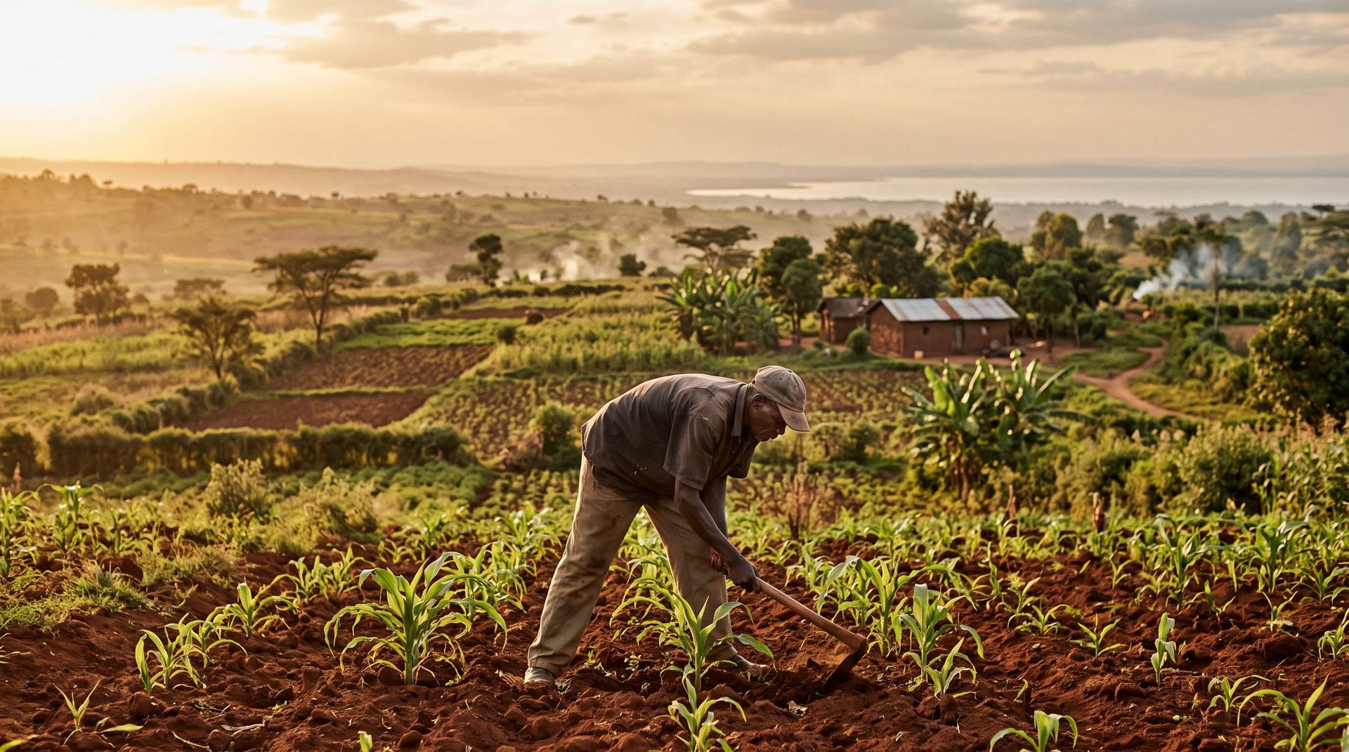 Farmers working a field at sunrise near Ndhiwa, Homa Bay